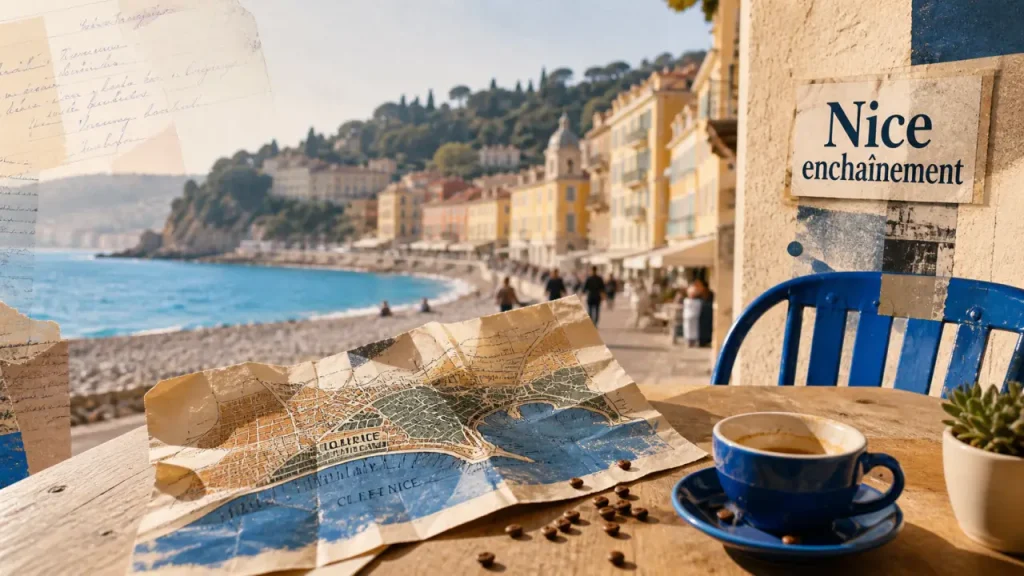 Activités Nice : carte et café près du Vieux-Nice, mer et galets Promenade des Anglais