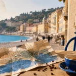 Activités Nice : carte et café près du Vieux-Nice, mer et galets Promenade des Anglais