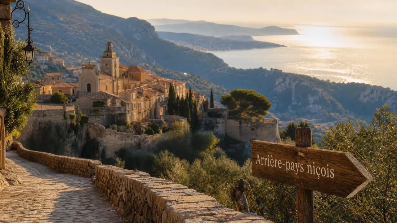 Arriere pays nicois : village perché au coucher du soleil, vue sur la Méditerranée