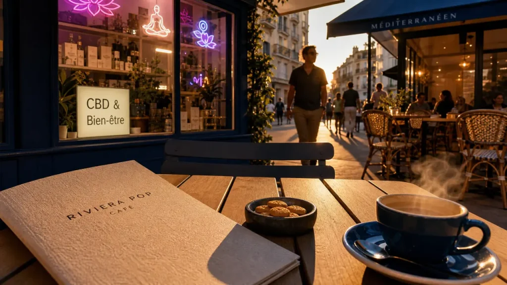 CBD nice restaurants à Nice : menu et tasse fumante en terrasse
