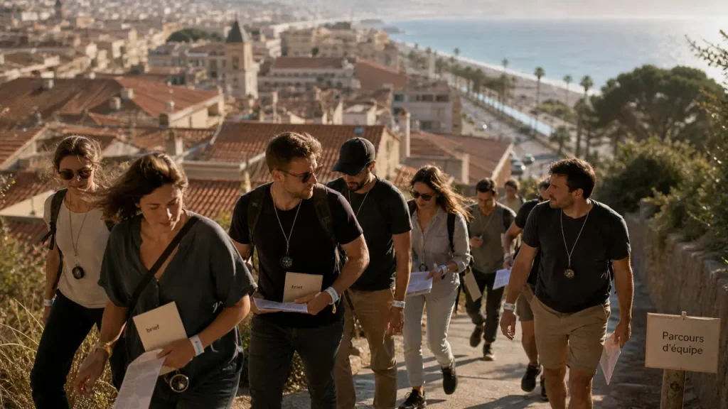 Coordination activités équipe Nice : équipe en marche avec brief et plan