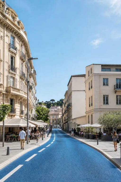 Nice rue Bonaparte avec chaussée bleue dans le quartier du Port