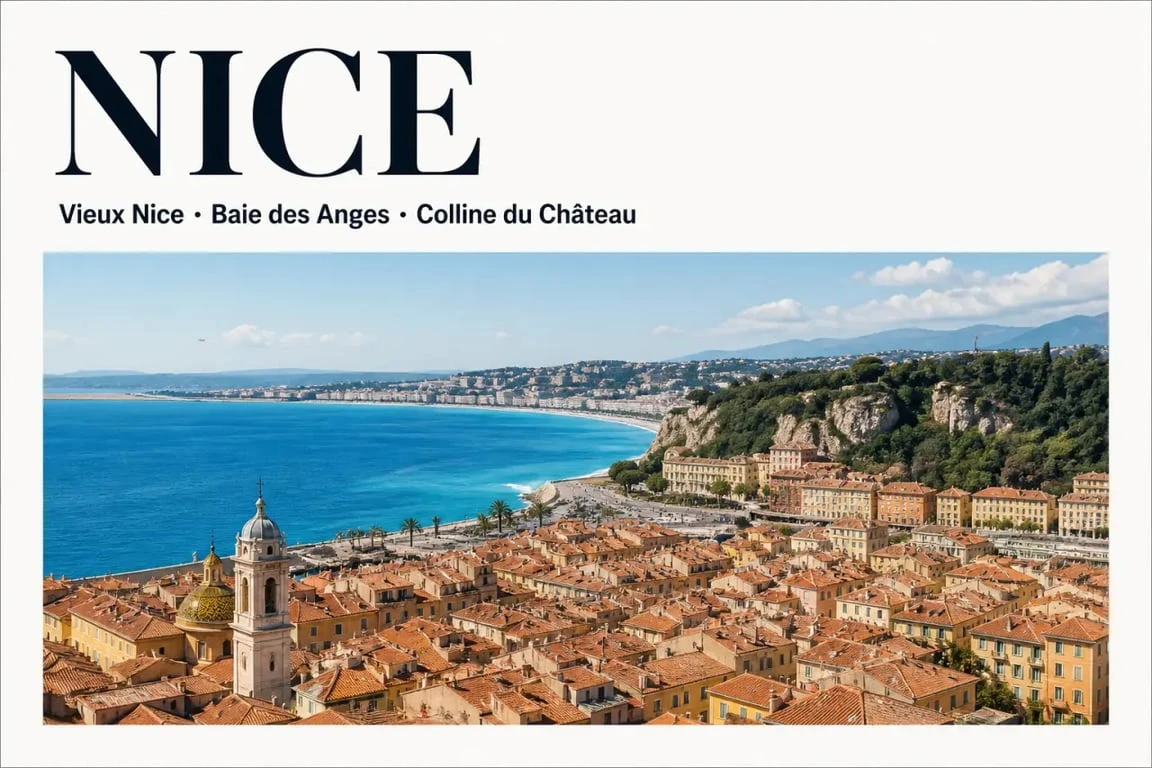Histoire de Nice : vue du Vieux Nice, de la baie des Anges et de la colline du Château