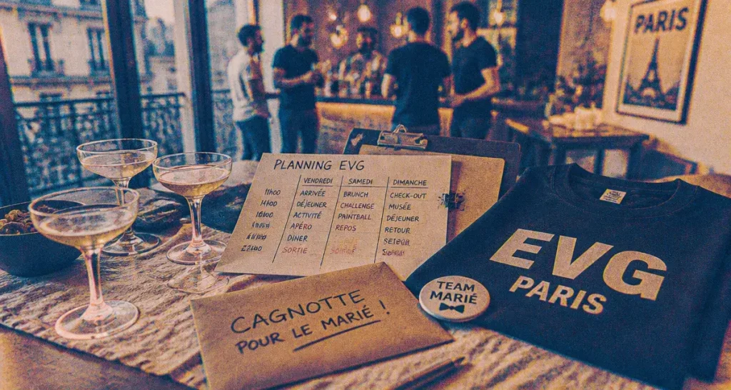Enterrement de vie de garcon EVG Paris : tee-shirt et cagnotte sur table