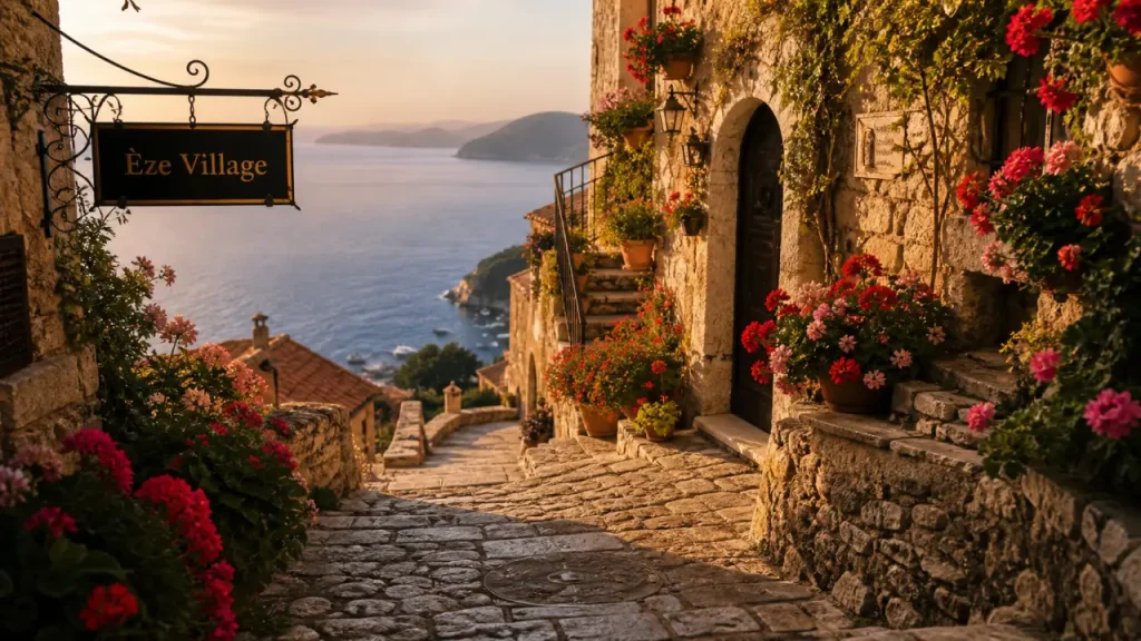 Ruelle d’eze village cote d'azur france, escaliers vers le belvédère et la Méditerranée