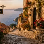 Ruelle d’eze village cote d'azur france, escaliers vers le belvédère et la Méditerranée