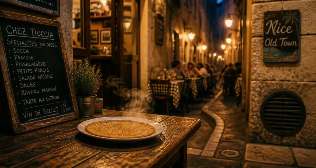 good restaurants nice old town : ruelle du Vieux-Nice, socca fumante