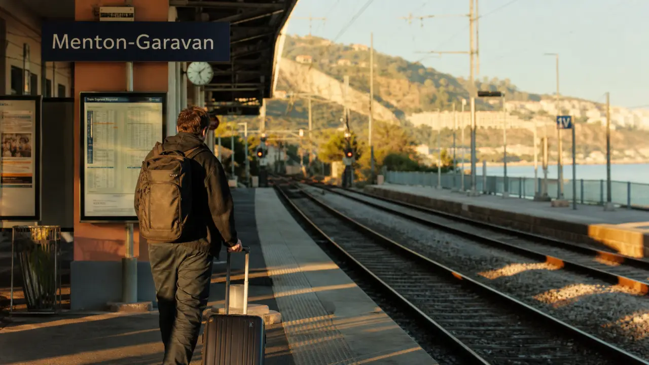 Menton Garavan Menton : valise près du quai de gare