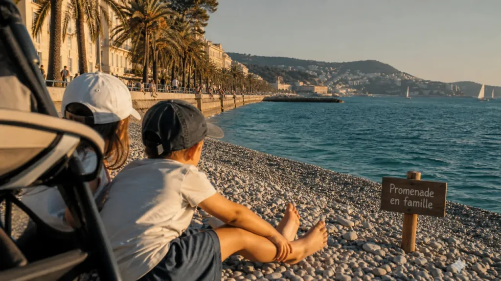 Nice en famille sur la Promenade des Anglais : poussette, enfants et Méditerranée