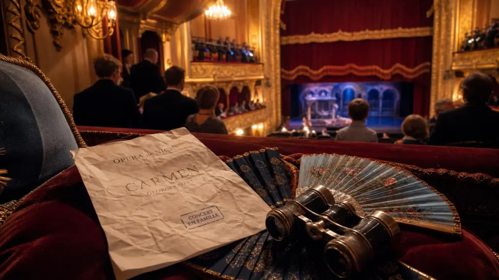 Opera en famille Nice : loge, programme et scène rouge du théâtre