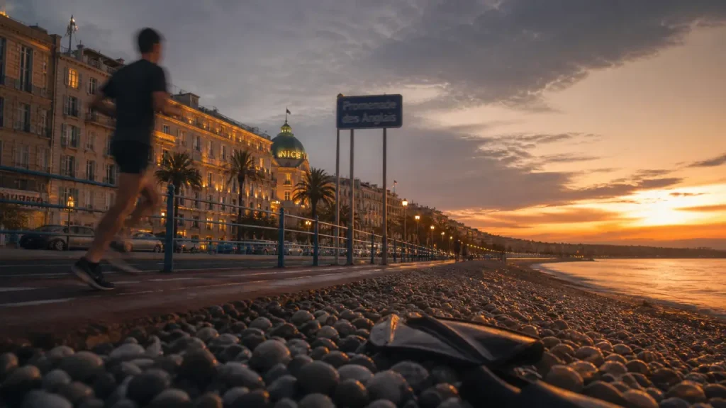 Promenade des Anglais à Nice, mer et hôtels à l’aube