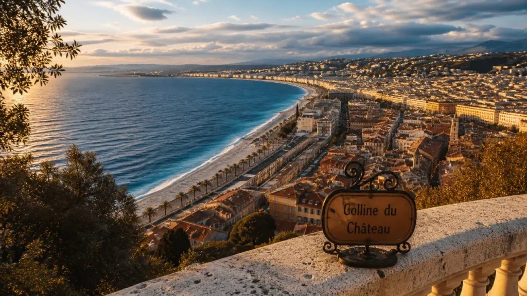Que faire Nice : vue panoramique de la Colline du Château sur la Promenade des Anglais