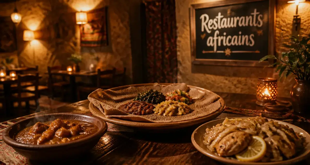 Restaurants africains : table avec injera, mafé et yassa