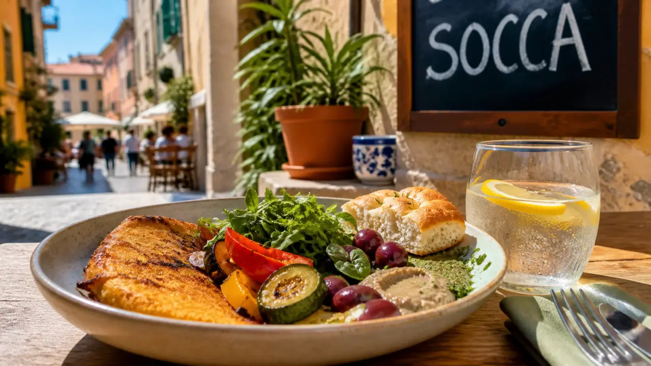 Restaurants végétariens Nice : socca croustillante, légumes rôtis sur terrasse Vieux-Nice