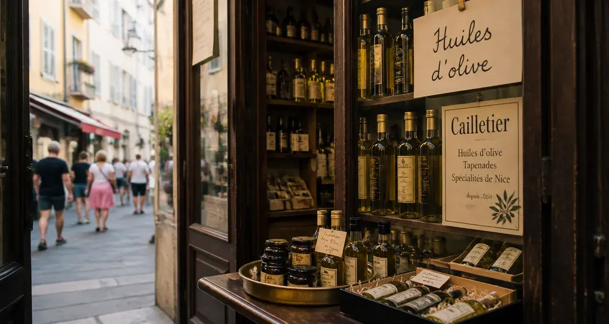 Alziari vieux nice, huiles d’olive et cailletier en vitrine