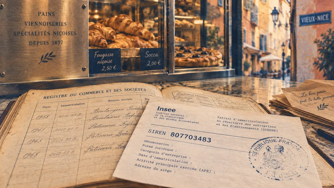 Ek vieux nice : SIREN sur fiche et registre de boulangerie