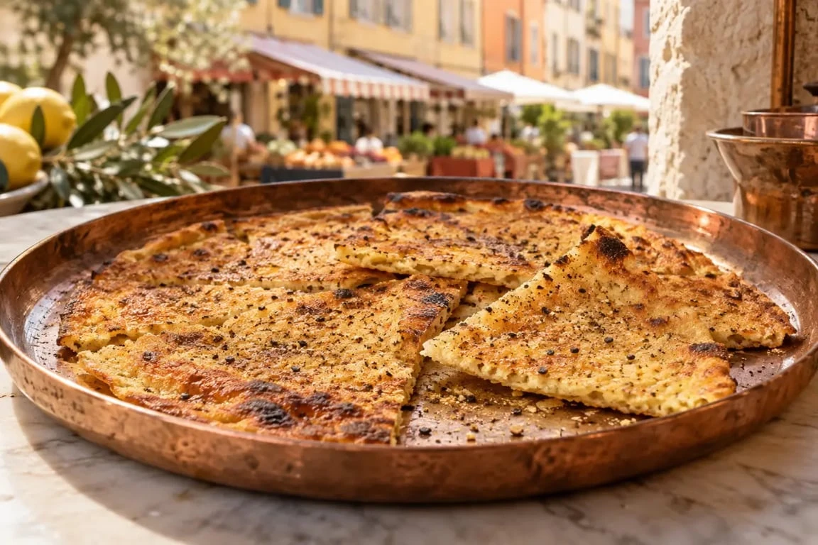 Spécialité niçoise socca fraîchement sortie du four à bois sur un marché de Nice