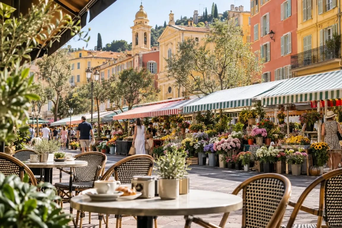 Terrasse de café dans le Vieux Nice sur le Cours Saleya