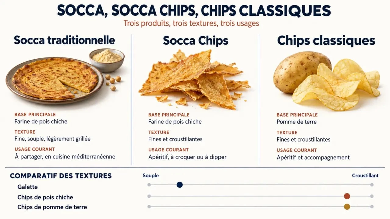 Comparaison visuelle des Socca Chips Nice avec la socca traditionnelle et les chips classiques
