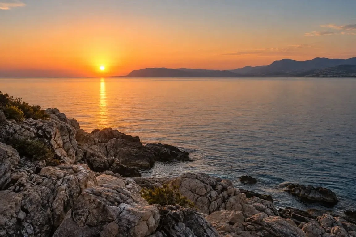 Coucher de soleil à Nice au Cap de Nice sur les rochers face à la Méditerranée
