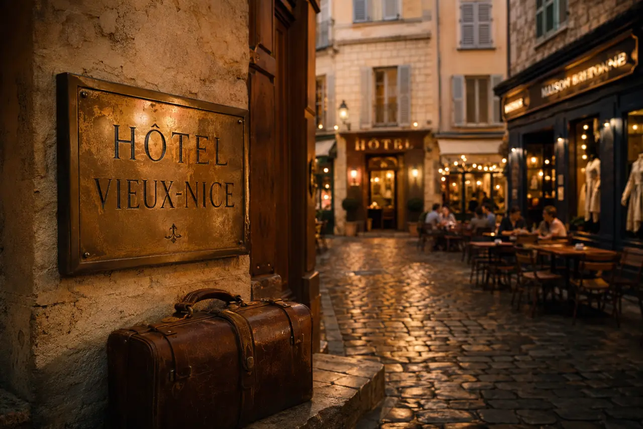 Hotels in vieux nice france : entrée d’hôtel dans une ruelle du Vieux-Nice