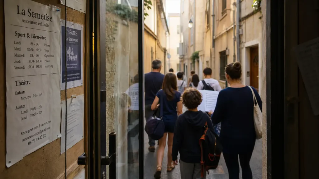 la semeuse vieux nice : entrée de la salle associative, enfants et adultes