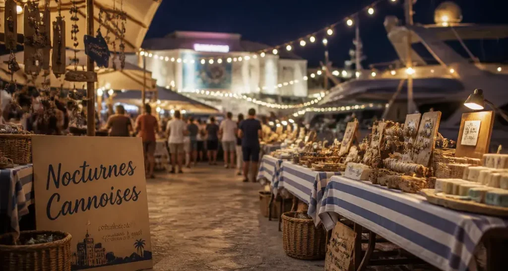 Marché nocturne Cannes au Vieux Port, allée de marché de nuit