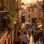 Ruelle vieux nice au golden hour, façades ocre et volets verts.