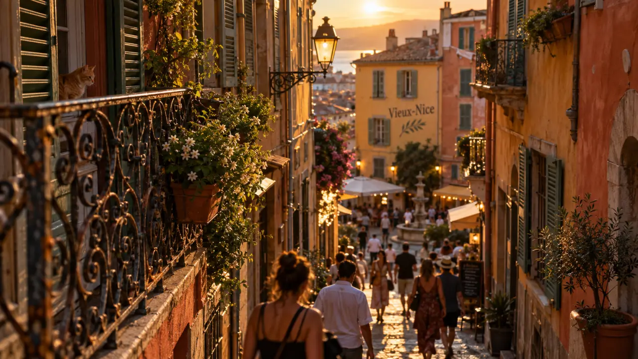 Ruelle vieux nice au golden hour, façades ocre et volets verts.