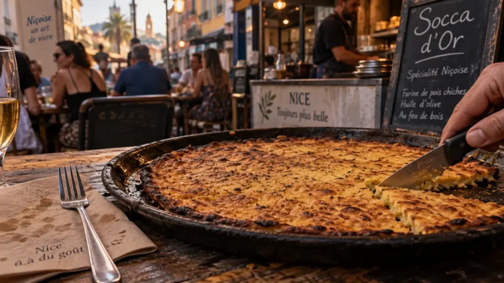 Avis sur la socca nice : socca dorée croustillante sur plaque noire à Nice