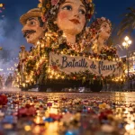 Carnaval de Nice programme : char de carnaval aux grosses têtes, nuit sur la Promenade des Anglais