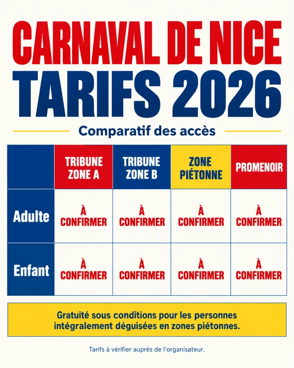 Tarifs du carnaval de Nice payant selon la tribune, la zone piétonne et l’âge