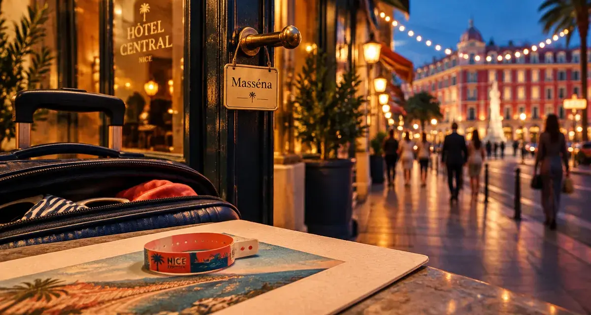 Hotel carnaval de nice près de Masséna : hôtel, valise et ambiance Riviera