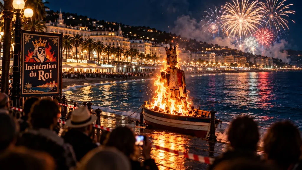 Incinération du roi carnaval de nice sur le front de mer, flammes et feu d’artifice