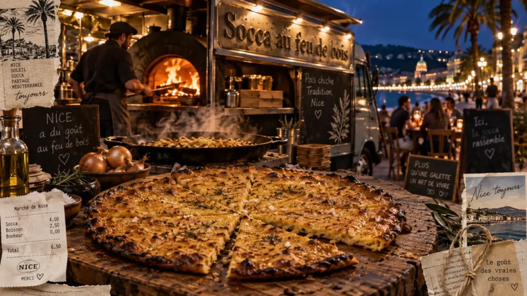 L atelier de la socca nice : socca dorée au feu de bois à Nice