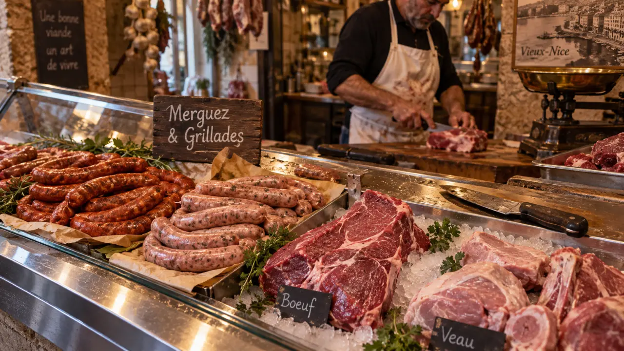 Meilleure boucherie vieux nice : vitrine au Vieux-Nice, merguez et préparations