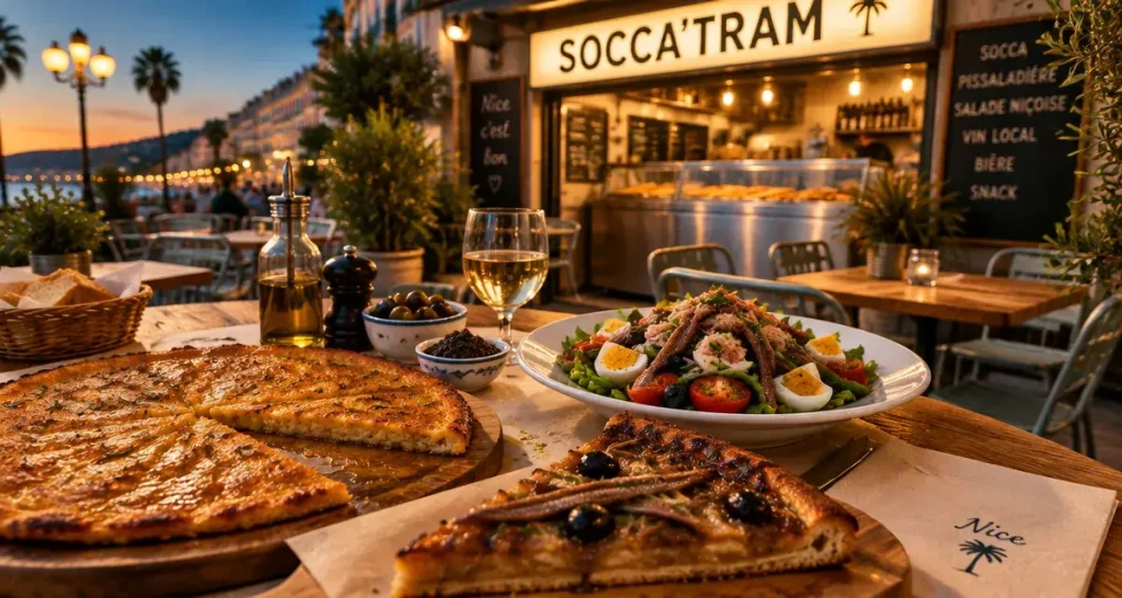 socca tram nice : grande socca dorée sur terrasse à Nice